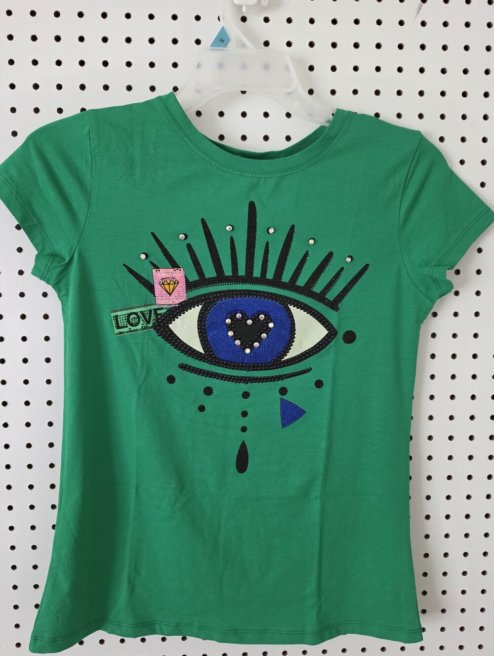 Evil Eye Rhinestone Graphic Tee Green Heart Studded Shirt NWT M - Picture 3 of 10